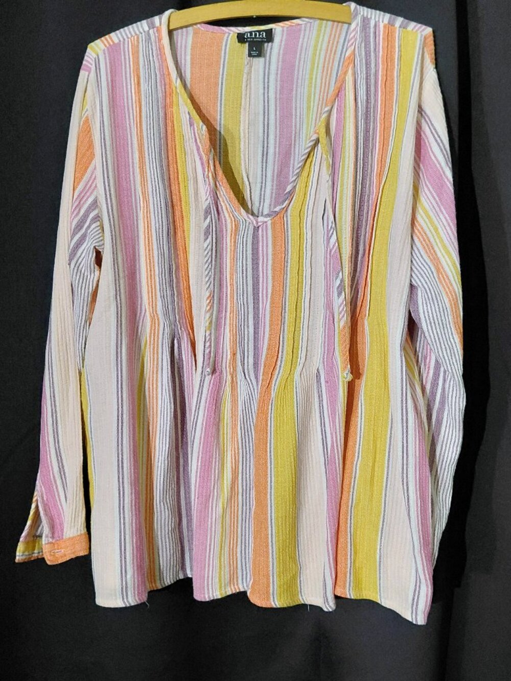 a.n.a. (A New Approach) Striped Long Sleeve Peplum Blouse Keyhole Tie Neck